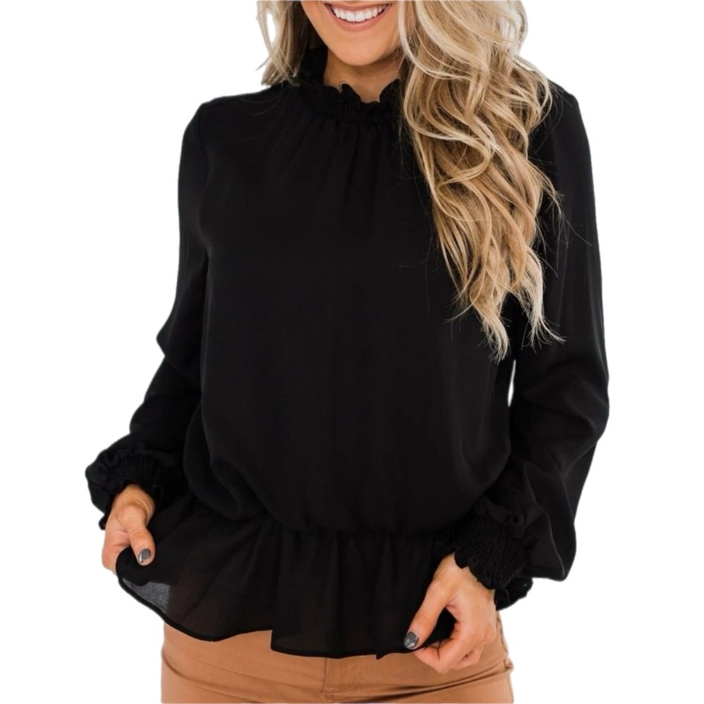 NWT‎ Black Cinched Waist Blouse – Long Sleeve Top L